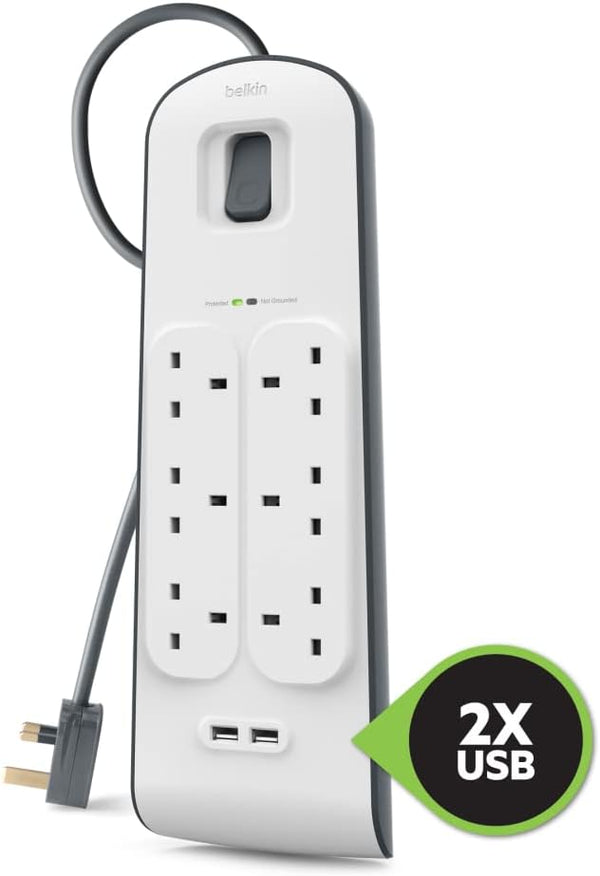 Belkin 6-outlet Surge Protection Strip with 2.4 Amp 2xUSB Charging, 2M Power Cord