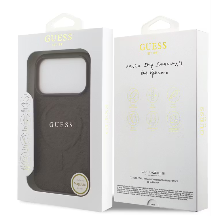 Guess MagSafe PU Saffiano Leather Case with Classic Logo for iPhone 17 Pro Max, Drop Protection, Lightweight Design, Comfortable Grip, Easy Snap-On, Sustainable Packaging, Slim Profile - Brown Guess MagSafe PU Saffiano Leather Case with Classic Logo for iPhone 17 Pro Max, Drop Protection, Lightweight Design, Comfortable Grip, Easy Snap-On, Sustainable Packaging, Slim Profile - Brown