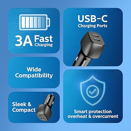 Philips 60W Dual Port USB-C Car Charger,20V Universal Car Charger, without cable Philips 60W Dual Port USB-C Car Charger,20V Universal Car Charger, without cable