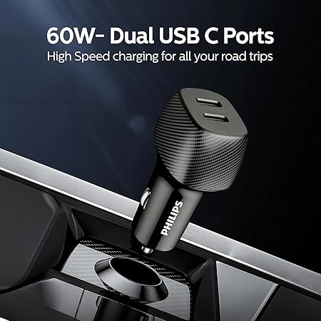 Philips 60W Dual Port USB-C Car Charger,20V Universal Car Charger, without cable Philips 60W Dual Port USB-C Car Charger,20V Universal Car Charger, without cable