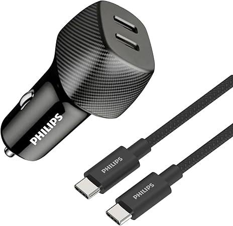 Philips 60W Dual Port USB-C Car Charger,20V Universal Car Charger, Black Philips 60W Dual Port USB-C Car Charger,20V Universal Car Charger, Black