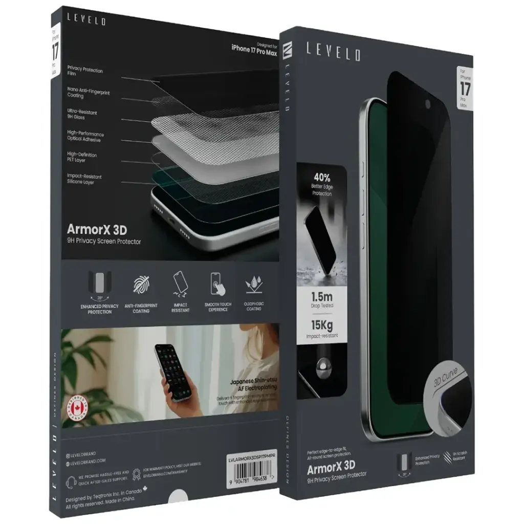Levelo ArmorX 3D 9H Screen Protector for iPhone 17 pro/pro max - Privacy Levelo ArmorX 3D 9H Screen Protector for iPhone 17 pro/pro max - Privacy