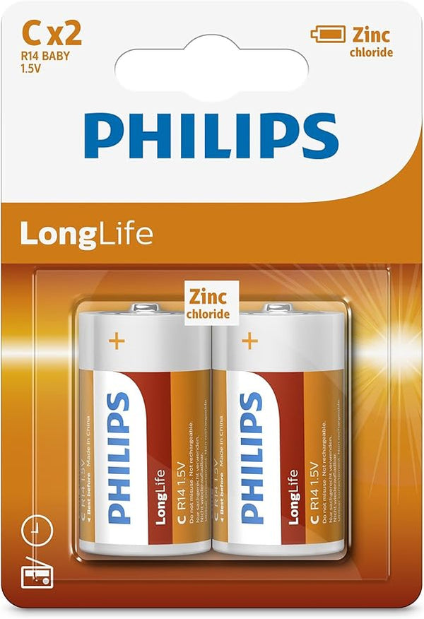 Philips C-Batteries - R14L2B - Battery Pack of 2 - Zinc Chloride Technology - 3 Year Shelf Life - 1.5V