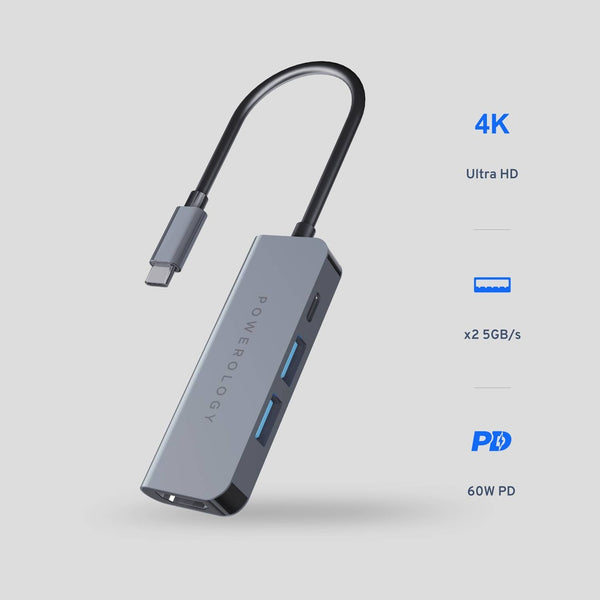 Powerology 4 in 1 USB-C Hub with HDMI & USB 3.0 - Gray